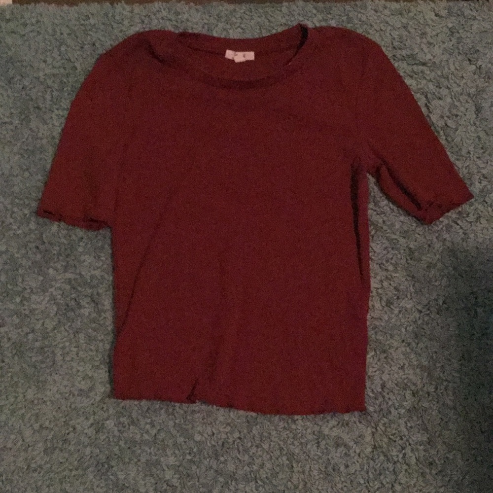 Maroon trendy ruffle sleeve tee shirt